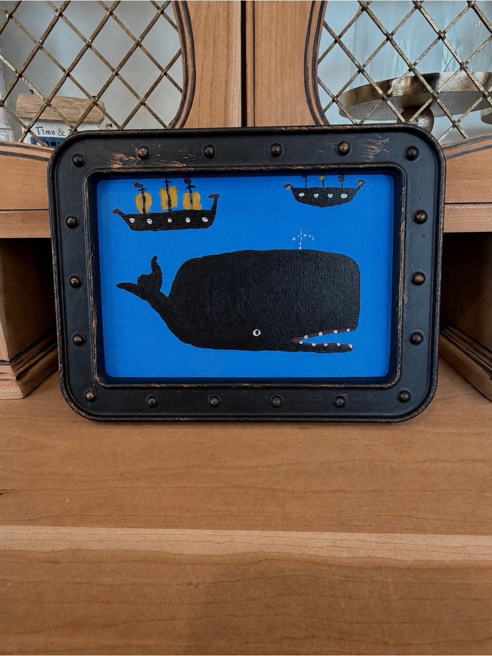 Original Folk Art Whale Painting | Framed Nautical 5x7 Canvas, Classic Nantucket - Picture 2 of 6